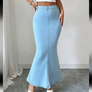 Women Elegant Solid Color Fish Tail Hem Denim Skirt